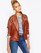 Barney's Originals Leather Biker Jacket With Quilting And Buckle Detail - Tan