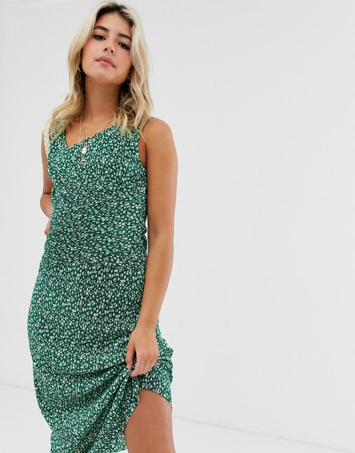 Asos Design Ditsy Print Plisse Midi Dress With Wrap Bodice-multi