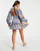 Asos Design Plunge Neck Mini Skater Dress In Pleated Lilac Floral Print-multi