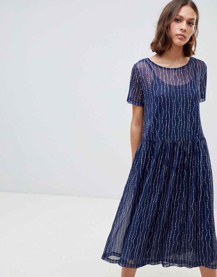 Ichi Printed Mesh Overlay Dress - Navy