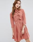 Vila Dress With Pleated Skirt & Bow Detail - Pink
