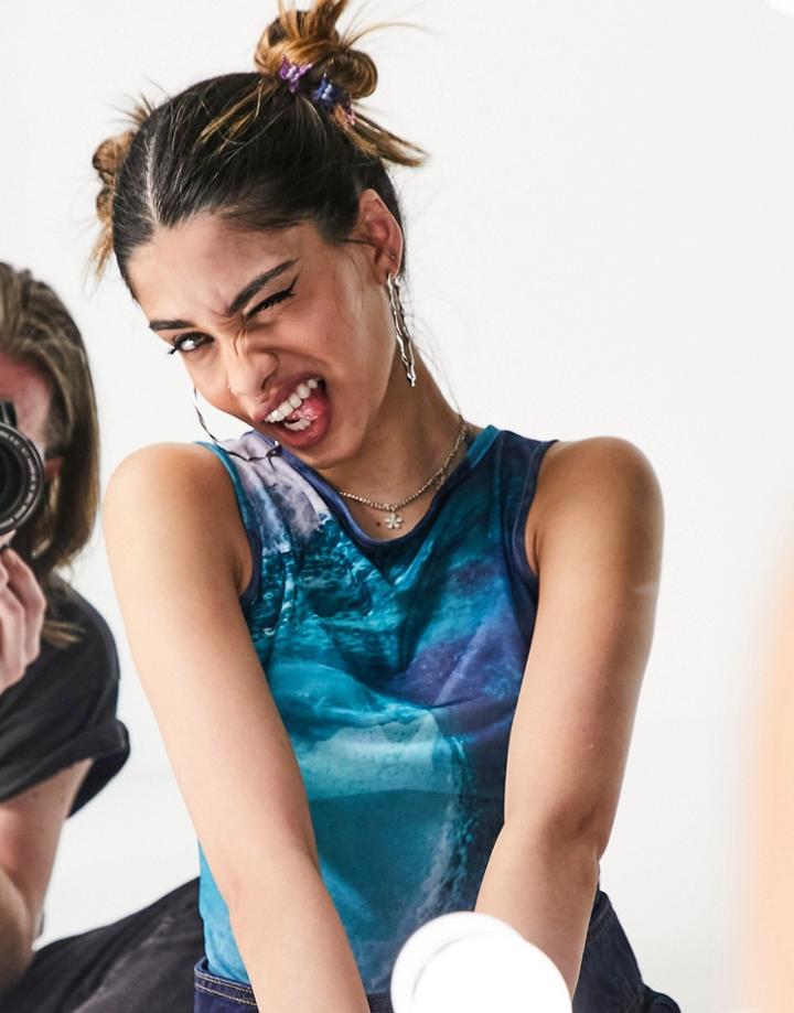 Daisy Street Y2k Cropped Tank Top In Ocean Mesh-blue