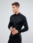 Asos Skinny Sateen Shirt In Black With Wing Collar And Double Cuff - Black