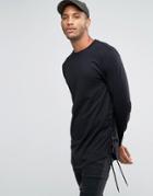 Asos Longline Long Sleeve T-shirt With Lace Up Detail And Curve Hem - Black