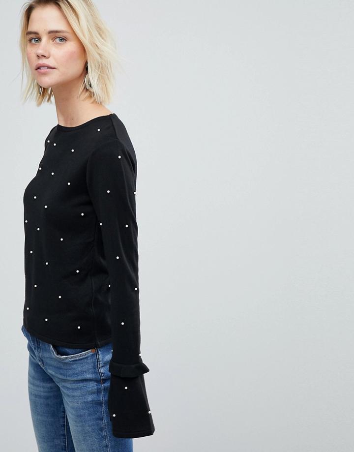 Warehouse Faux Pearl Embellished Flare Cuff Sweater - Black