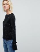 Warehouse Faux Pearl Embellished Flare Cuff Sweater - Black