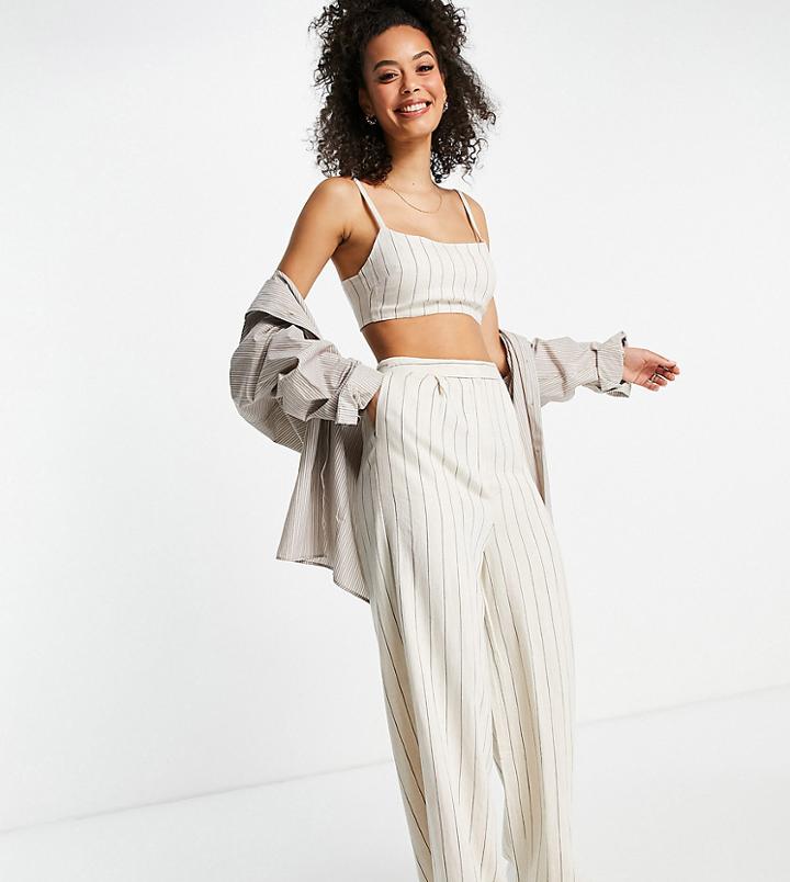 Asos Design Tall Washed Linen 3 Piece Suit Wide Leg Pants In Stripe-multi