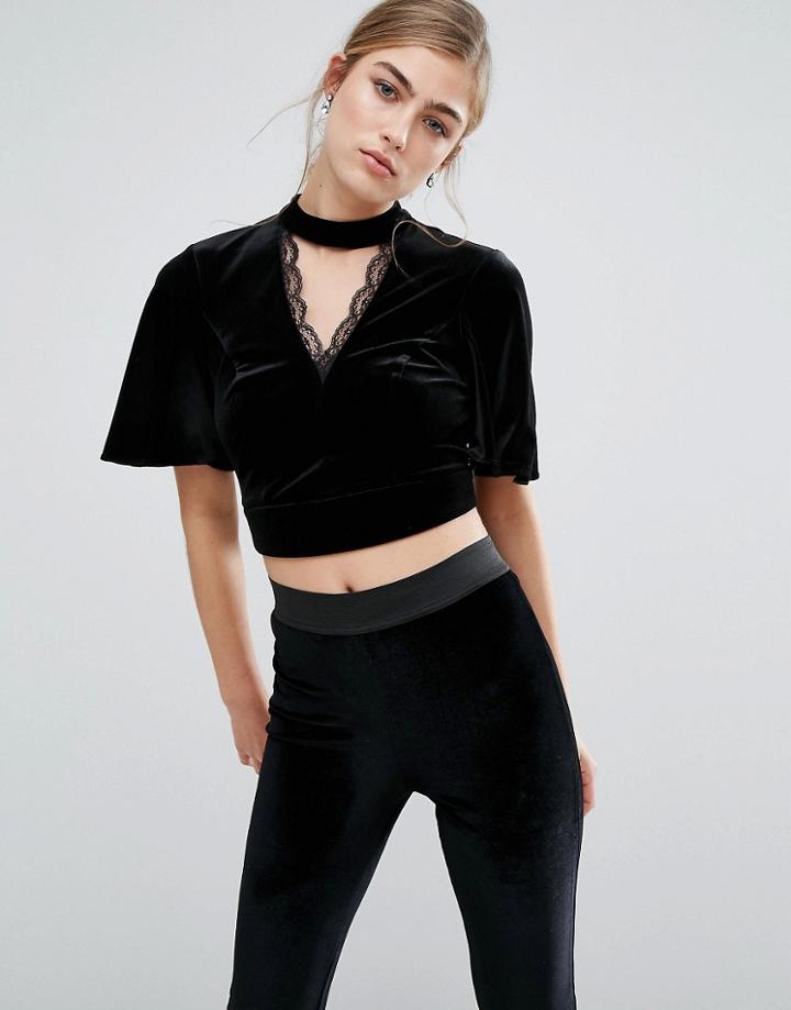 Miss Selfridge Velvet Lace Trim Crop Top - Black