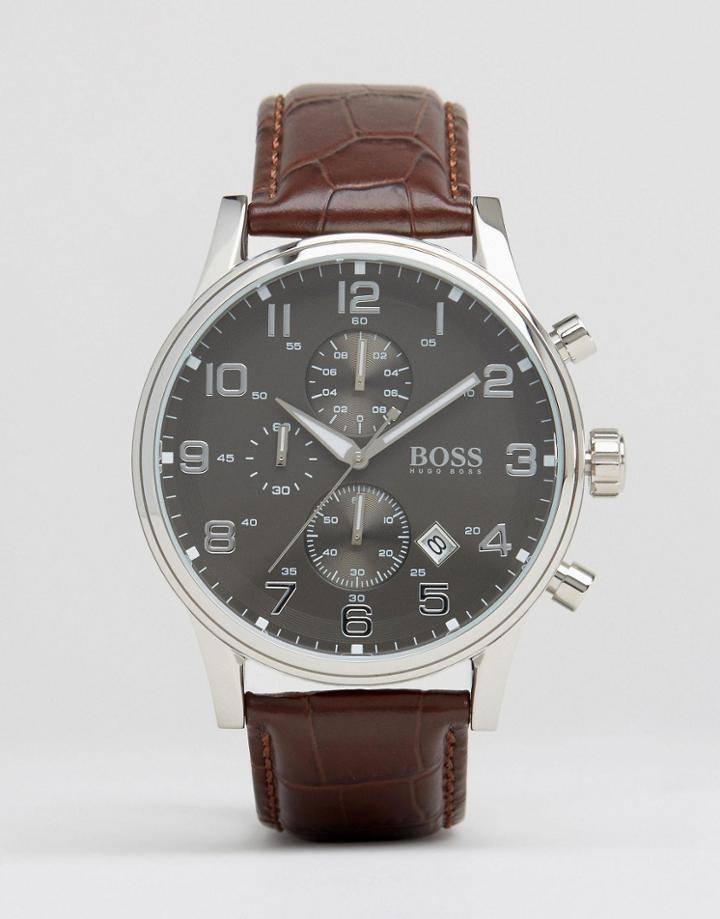 Hugo Boss Aeroliner Leather Watch In Brown - Brown