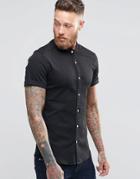 Asos Skinny Denim Shirt In Black With Grandad Collar In Short Sleeve - Black