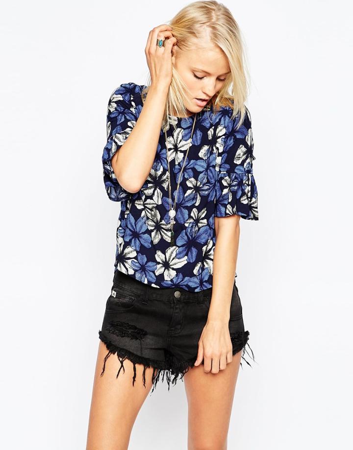 Ax Paris Button Back Top With Bell Sleeves - Navy