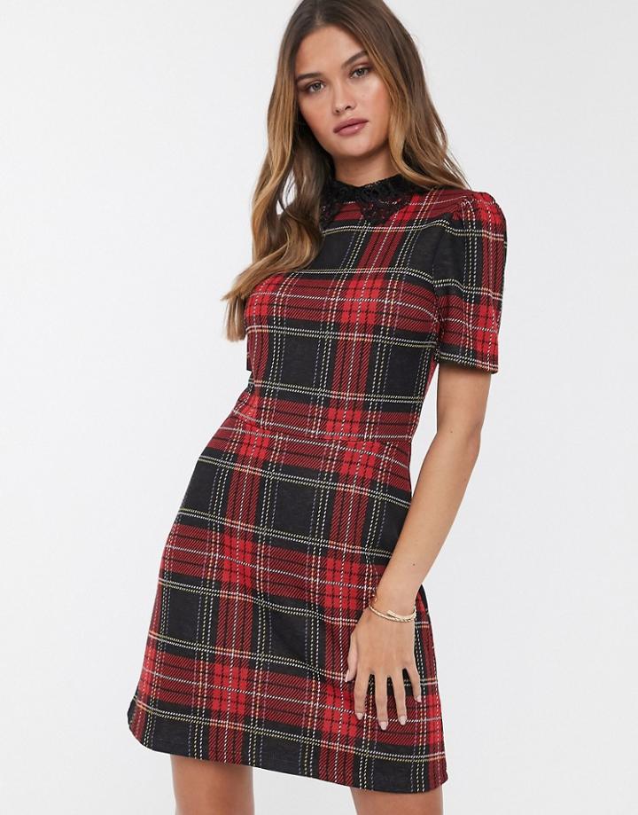 River Island Collared Tea Dress In Red Plaid Check-black