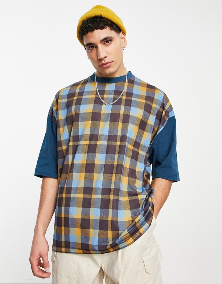 Asos Design Oversized T-shirt In Brown Check With Contrast Color Block Sleeves