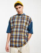 Asos Design Oversized T-shirt In Brown Check With Contrast Color Block Sleeves