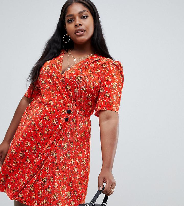 Asos Design Curve Ditsy Print Plisse Mini Dress With Button Detail - Multi
