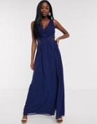 Little Mistress Plunge Pleat Maxi Dress With Lace Insert In Navy