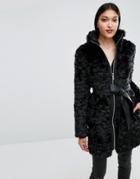 Lipsy Faux Fur Belt Coat With Zip Front - Black