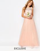 Chi Chi London Bardot Neck Sleeveless Maxi Dress With Premium Lace And Tulle Skirt - Rose Cloud