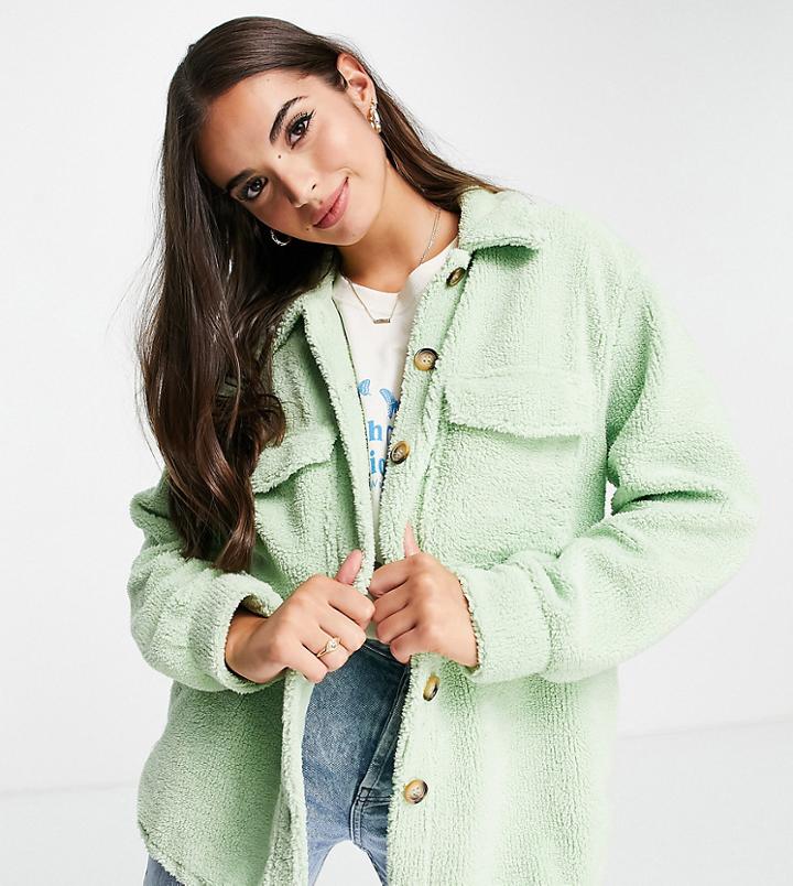 Stradivarius Fleece Shacket In Sage Green