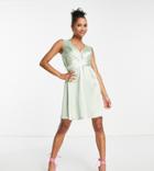 Flounce London Petite Cross Wrap Mini Dress In Sage Satin-green