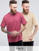 Asos 2 Pack Oversized T-shirt In Beige/red Save - Multi
