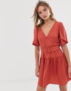Asos Design Belted Mini Tea Dress With Puff Sleeve - Red