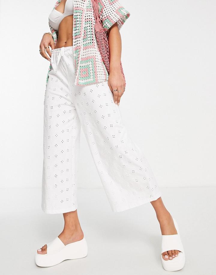 Asos Design Broderie Culotte Pants With Skinny Paperbag Waist In White