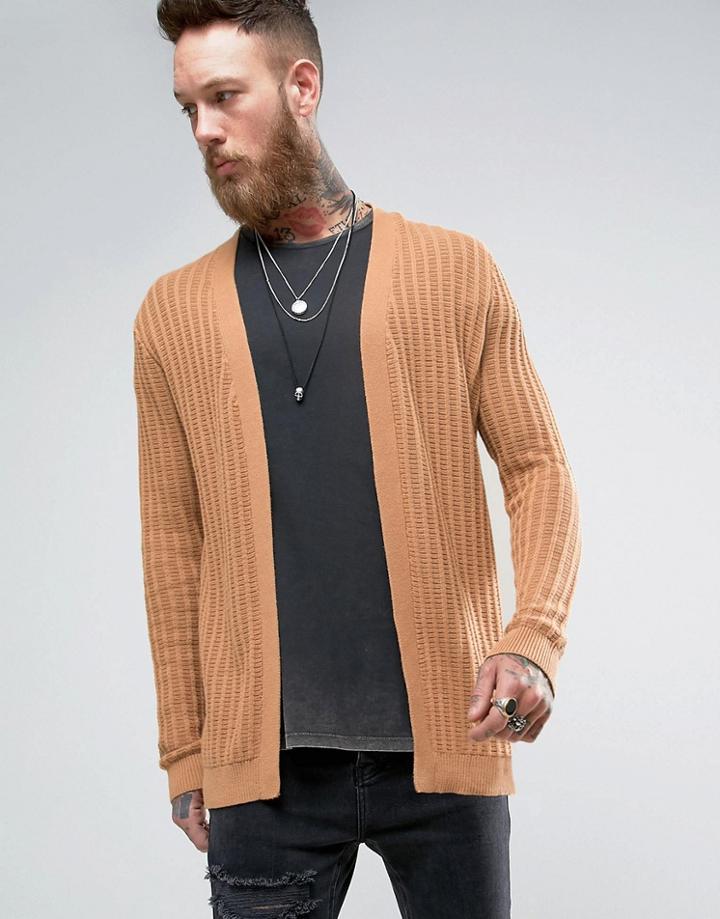 Asos Longline Textured Cardigan In Camel - Brown