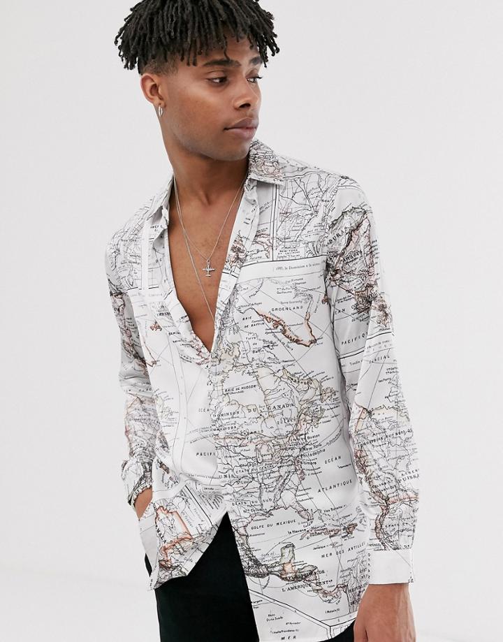 Asos Design Regular Map Print Shirt-white