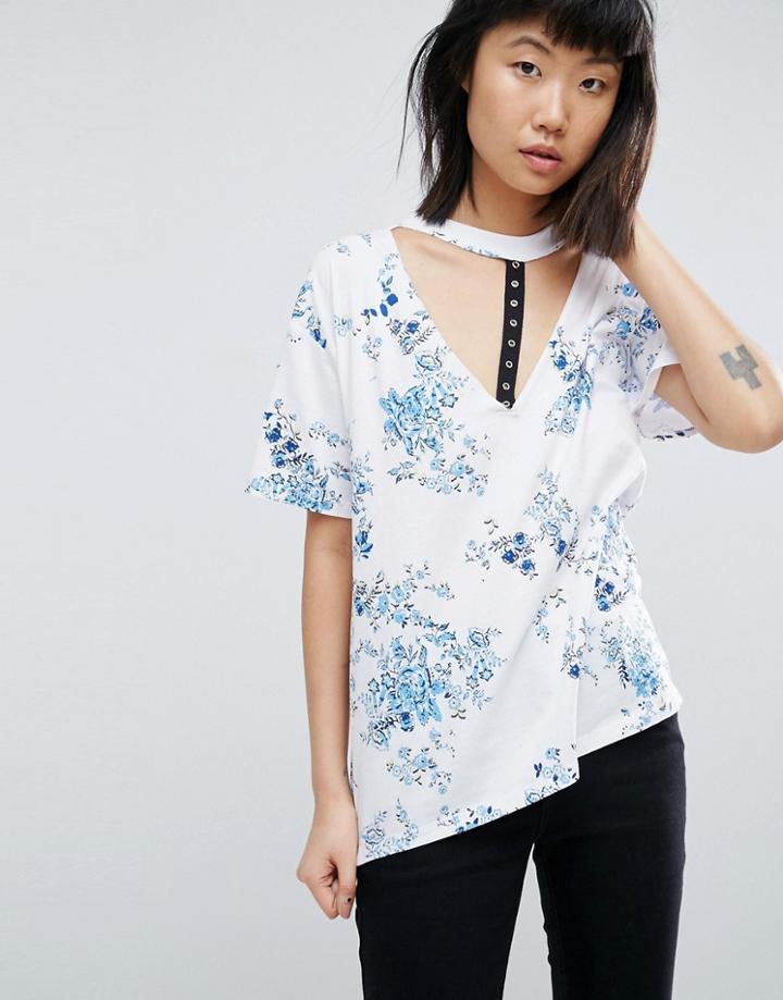 Asos T-shirt With Ravage Eyelet Detail In Ditsy Floral Print - Multi