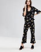 Fashion Union Pants With Frill Hem In Floral Co-ord - Black