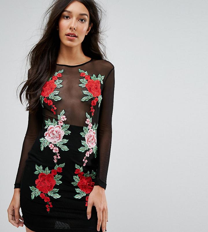 Naanaa Tall Mesh Bodycon Mini Dress With Floral Applique - Black