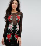 Naanaa Tall Mesh Bodycon Mini Dress With Floral Applique - Black
