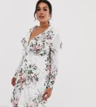 Missguided Plus Twist Front Dress In White Floral Print - Multi