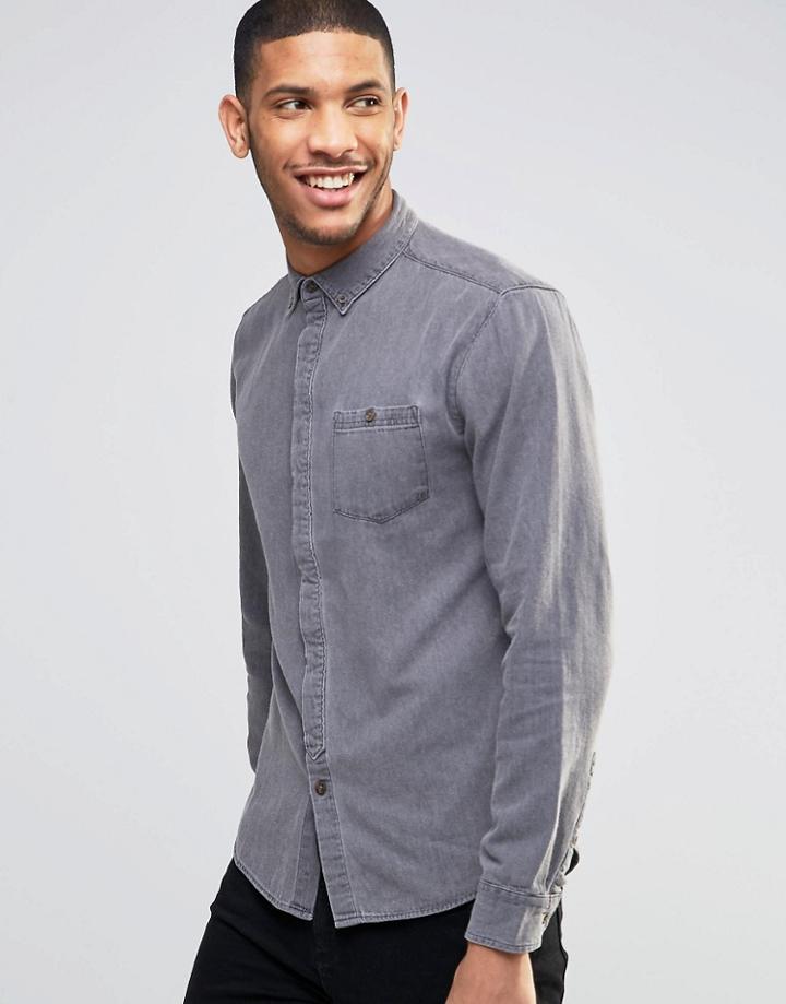 Pull & Bear Denim Shirt In Light Wash Gray In Regular Fit - Gray