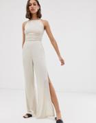 Asos Design Jumpsuit With Split Leg And Rope Tie Back Detail-beige