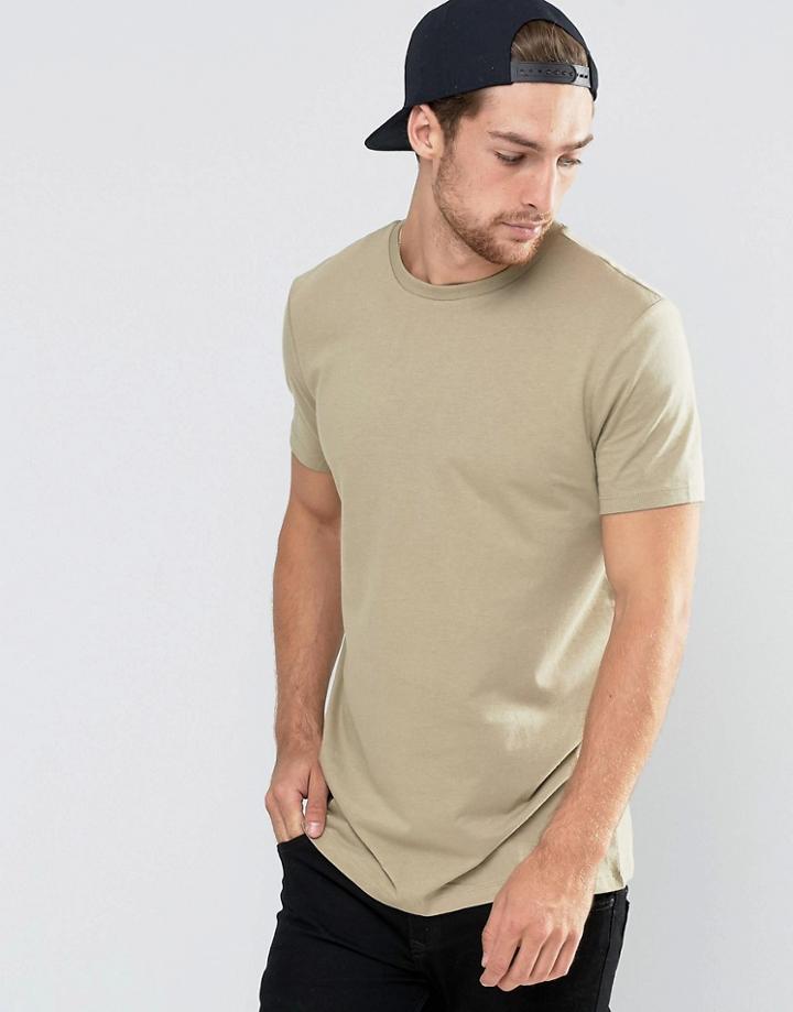 Asos Longline T-shirt With Crew Neck In Beige - Beige