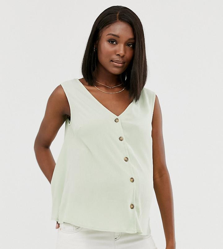 Asos Design Maternity Button Through Tank In Crinkle-green