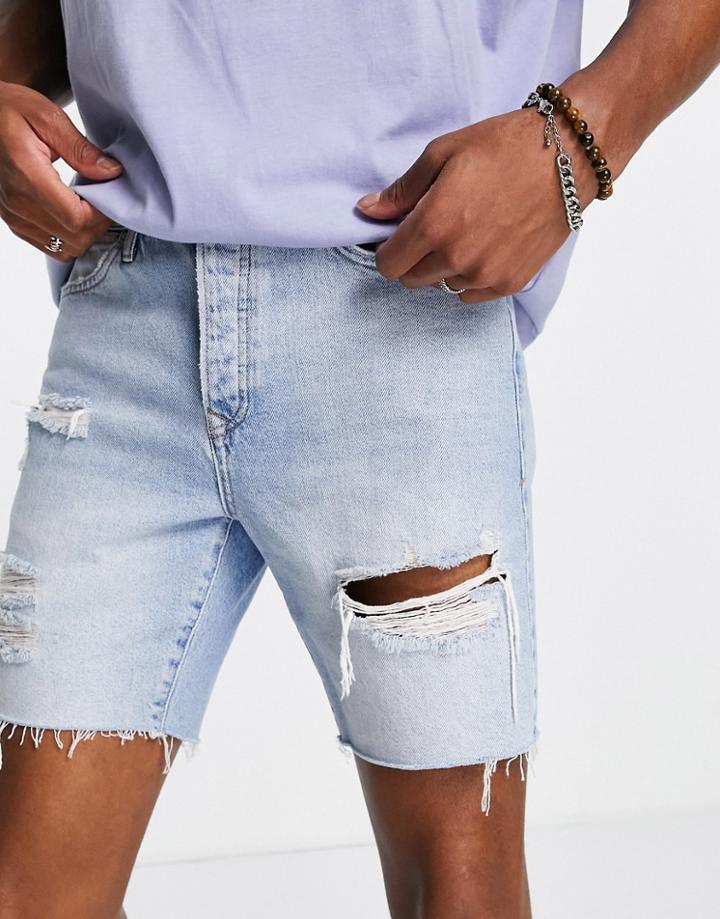 Topman Rip Slim Denim Short In Light Wash-blue