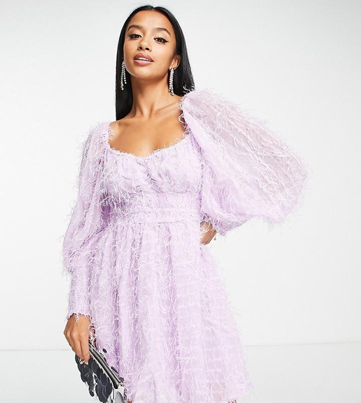 Asos Design Petite Fluffy Mini Dress With Ruched Bust And Shirred Cuffs In Lilac-purple