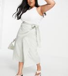 Asos Design Curve Wrap Midaxi Skirt With Wrap Around Tie Detail In Washed Sage-green