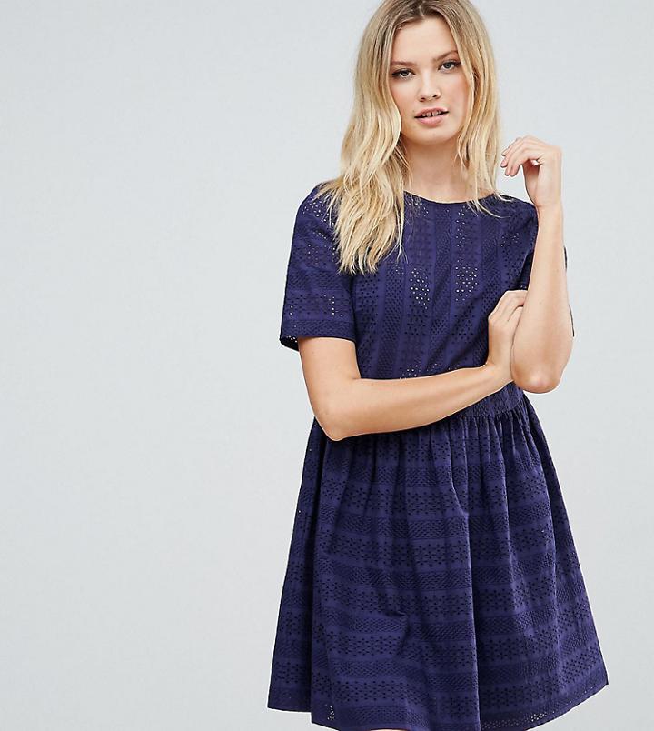 Asos Tall Mini Smock Dress In Broderie - Navy