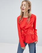 Pieces Lace Up Woven Top - Red