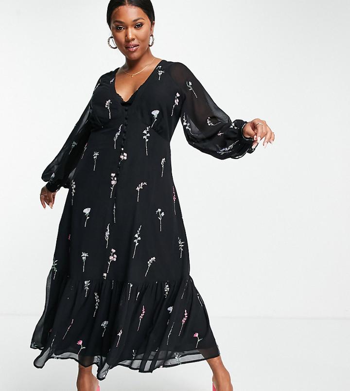 Asos Design Curve Button Through Embroidered Maxi Tea Dress In Black