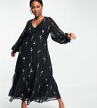 Asos Design Curve Button Through Embroidered Maxi Tea Dress In Black