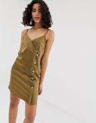 River Island Cami Dress With Asymmetric Button Detail In Khaki-green