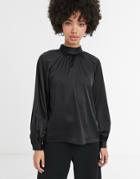Monki High Neck Satin Top In Black
