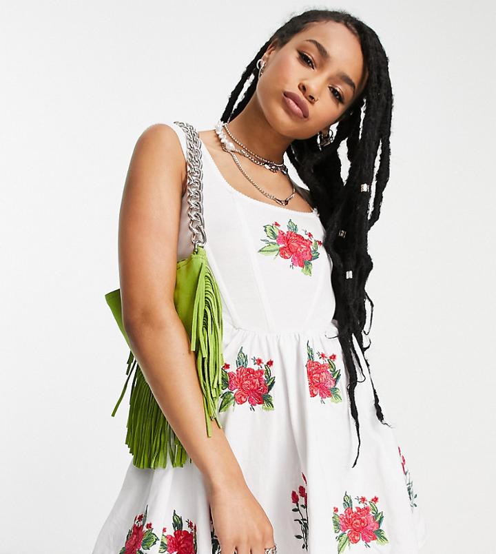 Asos Design Petite Mini Dress With Corset Detail And Floral Embroidery In White