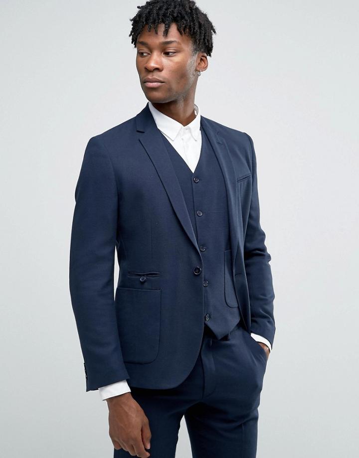 Asos Skinny Suit Jacket In Micro Texture In Navy - Navy