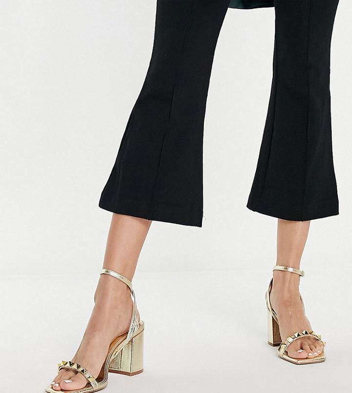 Asos Design Wide Fit Holt Studded Mid Heeled Sandals In Gold